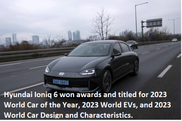 Hyundai Ioniq 6 won awards and titled for 2023 World Car of the Year, 2023 World EVs, and 2023 World Car Design and Characteristics.